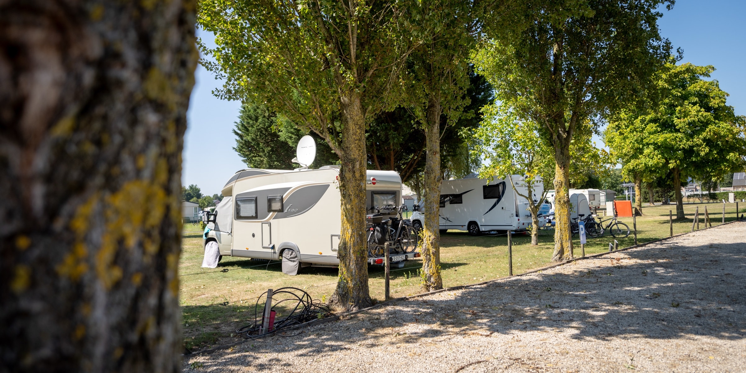Camper op een groene kampeerplaats tussen de bomen